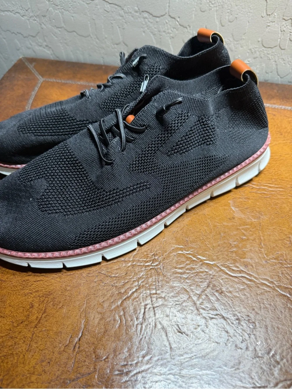 Men's Black Knit Athletic Sneakers with Brown Trim - Picture 2 of 3